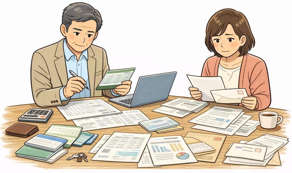 通帳や書類、郵便物を机に広げて相続財産を確認している日本人の男女のイラスト