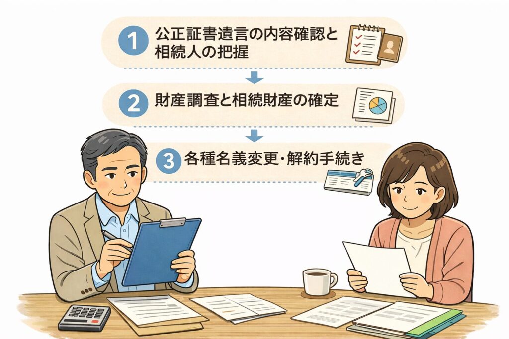公正証書遺言がある相続手続きの流れを示した図で、遺言内容確認と相続人把握、財産調査、名義変更手続きの3ステップが順番に並んでいる