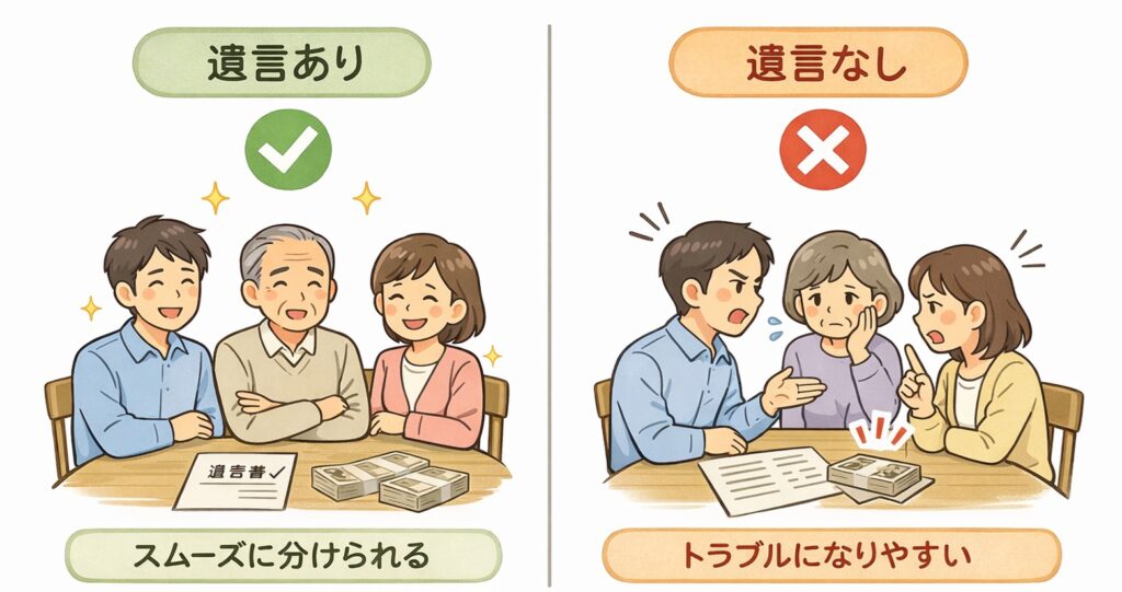 遺言ありと遺言なしの違いを比較した図解。遺言ありは円満な相続、遺言なしは家族間のトラブルになる様子を対比している。