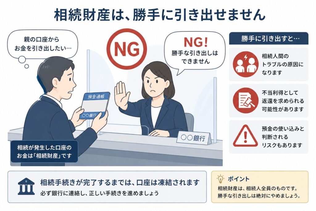 相続口座からお金を引き出そうとする人と制止する様子の図(相続財産・NG・トラブルのリスクを説明)