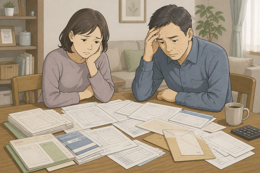 相続手続きの書類がテーブルに広がり、困っている日本人の夫婦が自宅のリビングで悩んでいる様子のイラスト