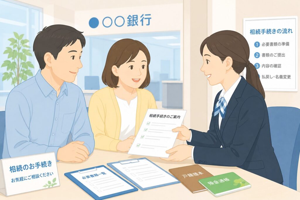 銀行窓口で相続手続きを行い、書類をやり取りしながら安心している相続人と銀行員の様子