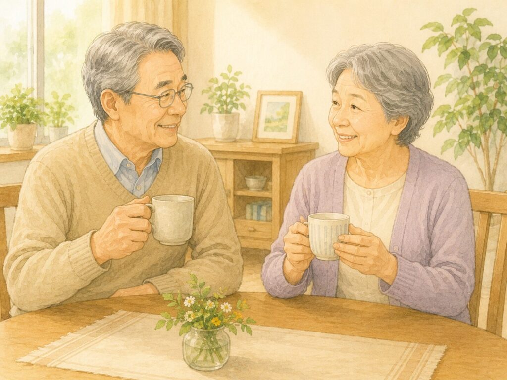 長年一緒に暮らしている高齢の日本人男女が、食卓でお茶を飲みながら微笑み合っているイラスト。穏やかで温かい暮らしの雰囲気が表現されている。
