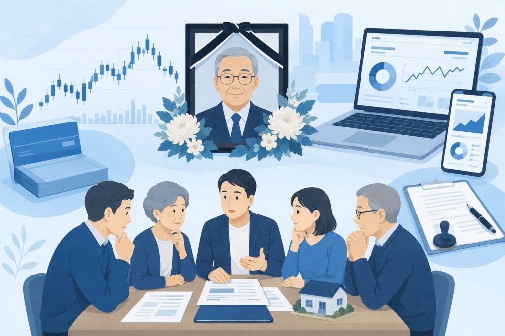 株式相続をテーマに、遺影と株価チャート、証券口座や相続書類を背景に家族が話し合う様子を描いたイラスト