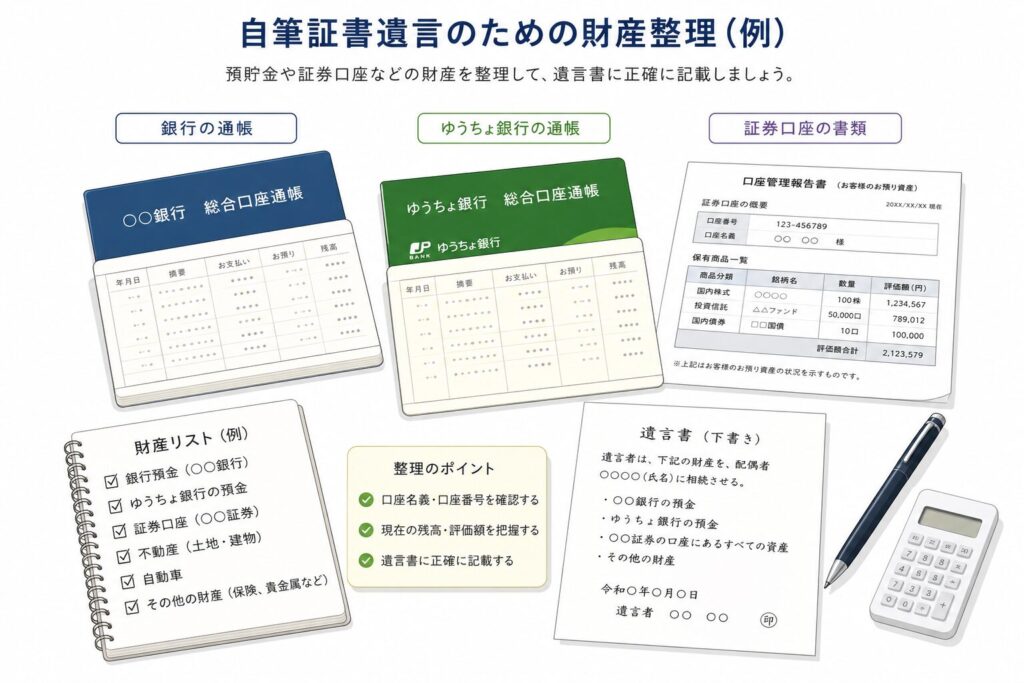 日本の銀行通帳、ゆうちょ銀行の通帳、証券口座の書類を整理しながら、自筆証書遺言のための財産確認を行っているイメージイラスト。