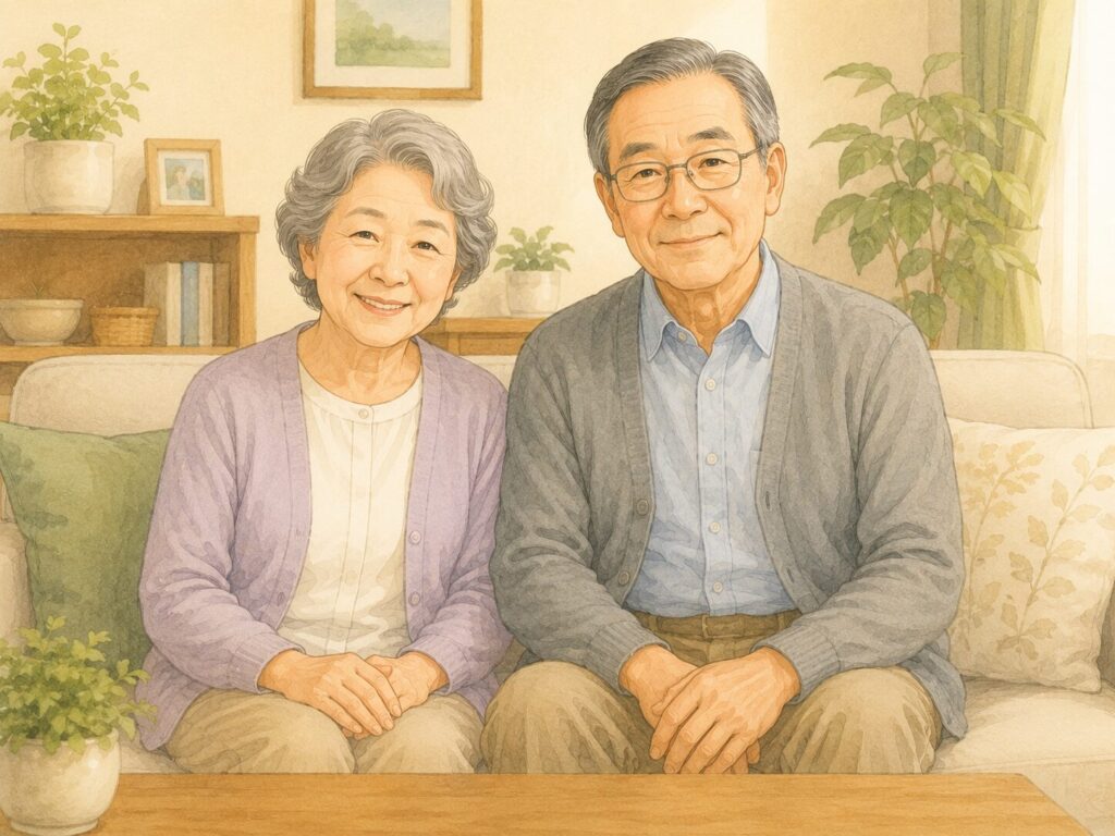 自宅のリビングで仲良く並んで座る日本人の高齢夫婦のイラスト。穏やかな笑顔で、落ち着いた室内と温かい雰囲気が描かれている。