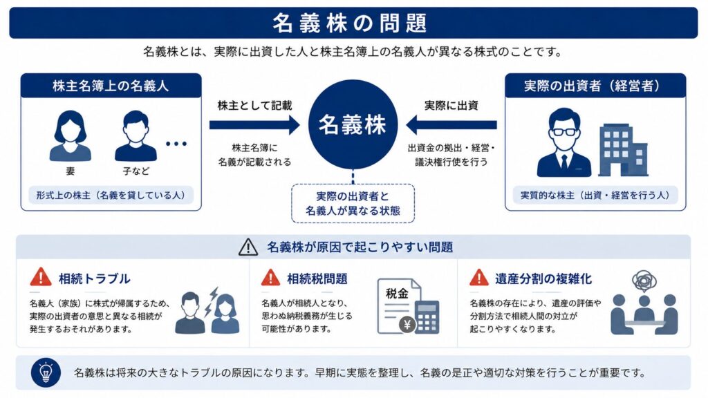 名義株の問題を示した図。左に株主名簿上の名義人(妻・子など)、右に実際の出資者である経営者を配置し、中央の「名義株」で両者の関係を矢印で示している。下部には「相続トラブル」「相続税問題」「遺産分割の複雑化」のリスクが注意アイコン付きで示されている。