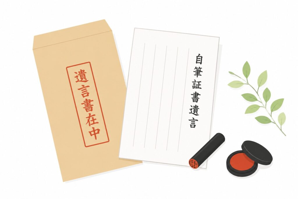 「遺言書在中」と書かれた封筒、自筆証書遺言の用紙、印鑑が机の上に置かれたシンプルな相続イメージイラスト