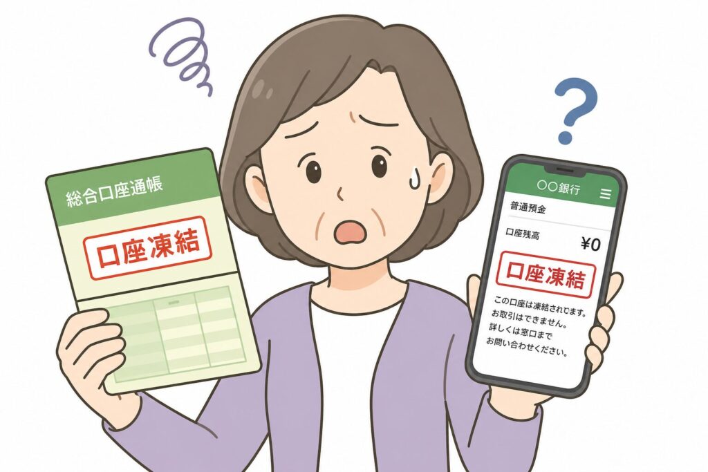 銀行口座が凍結され、通帳とスマートフォンに「口座凍結」と表示されて困っている日本人女性のイラスト。