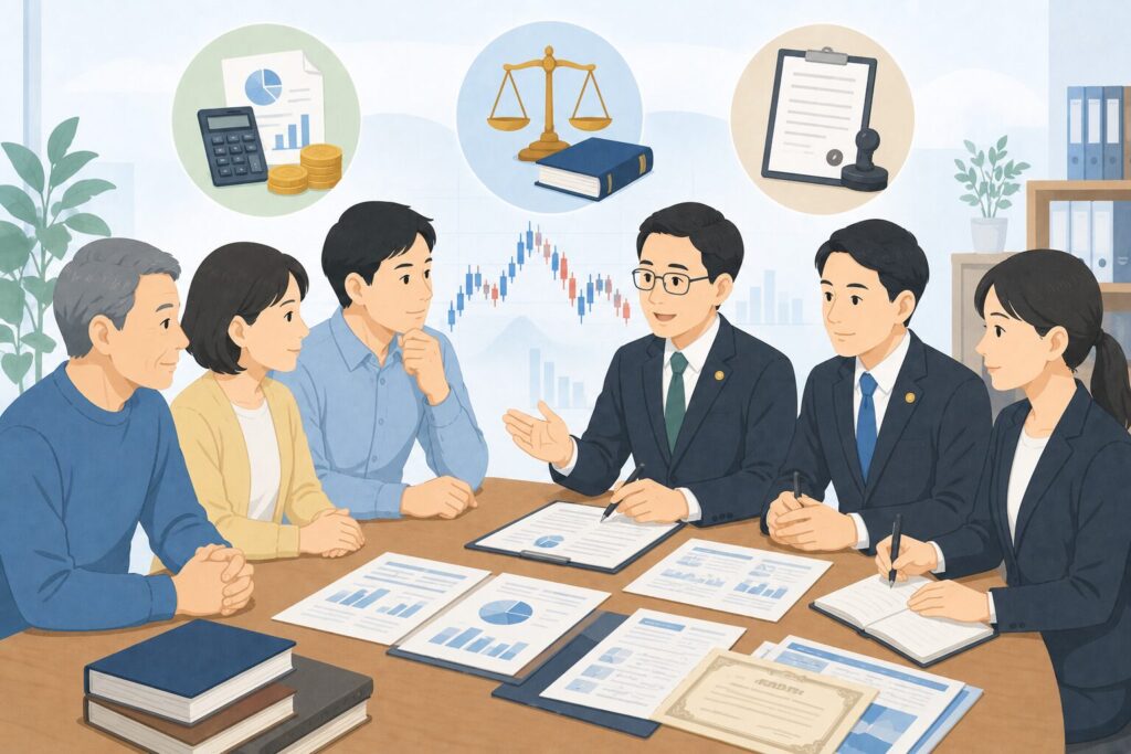 株式相続について税理士や弁護士、行政書士に相談している家族のイラスト