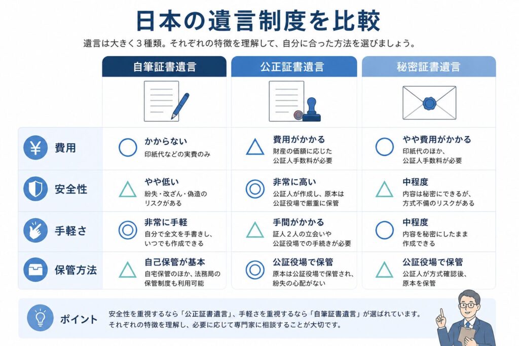 日本の3種類の遺言制度「自筆証書遺言」「公正証書遺言」「秘密証書遺言」を比較したインフォグラフィック。費用、安全性、手軽さ、保管方法の違いを、アイコンと表形式で分かりやすく整理している。青系カラーを基調とした法律メディア向けのデザイン。