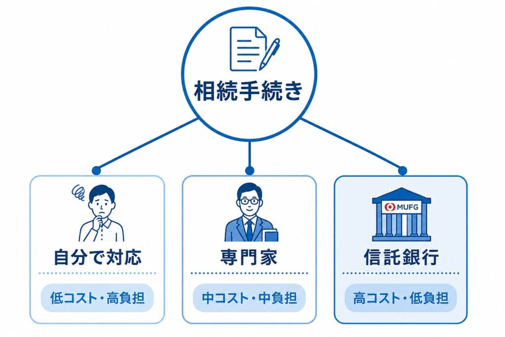 相続手続きの進め方を比較した図。自分で対応(低コスト・高負担)、専門家(中コスト・中負担)、三菱UFJ信託銀行(高コスト・低負担)の3つの選択肢を示す。