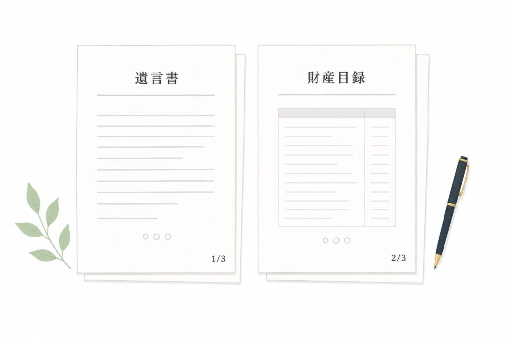 遺言書本文と財産目録の書類が並び、ページ番号「1/3」「2/3」が記載された、整理された書類管理をイメージしたフラットイラスト。