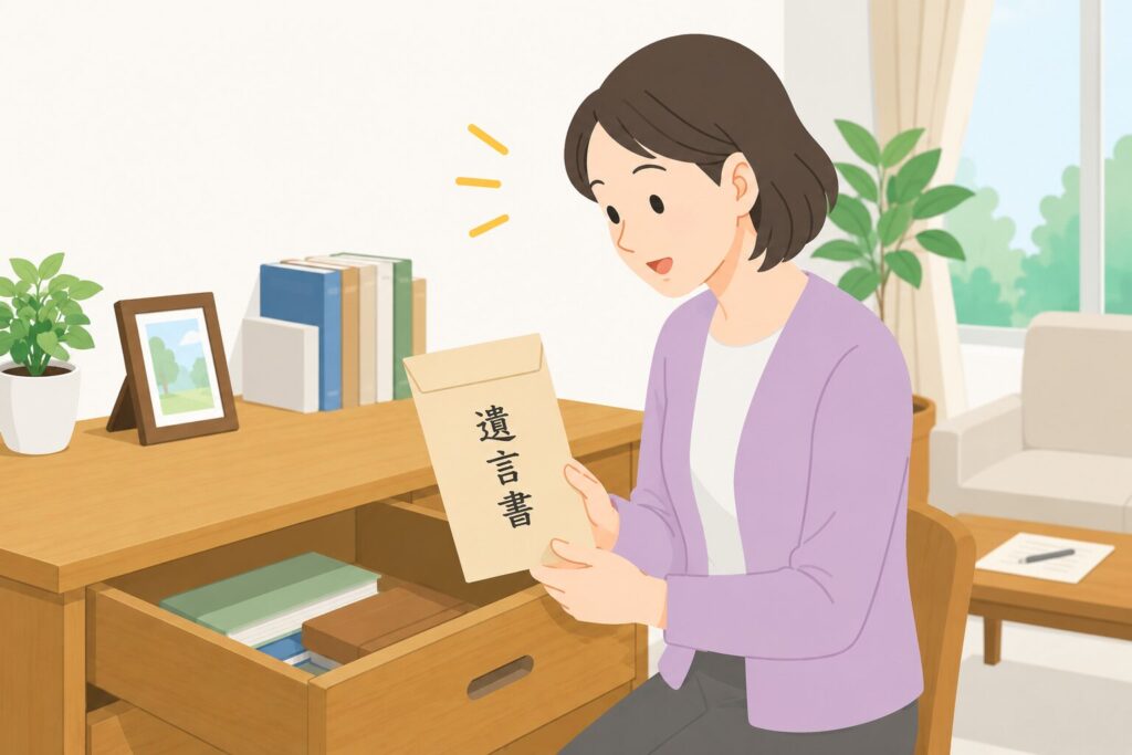 机の引き出しから「遺言書」と書かれた封筒を見つけ、内容を確認しようとする相続人の様子を描いたイラスト。