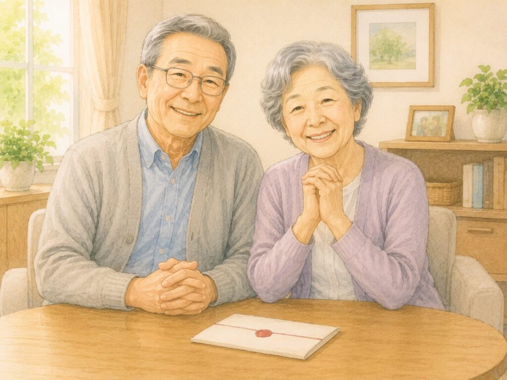 遺言書を書き終えて安心した表情を見せる日本人の高齢夫婦のイラスト。テーブルの上には封筒に入った遺言書が置かれ、穏やかで落ち着いた雰囲気が広がっている。