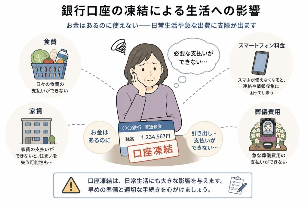 銀行口座の凍結により生活費や家賃、スマートフォン料金、葬儀費用の支払いができず困っている家族の様子を示した図解。「お金はあるのに使えない」状況を説明している