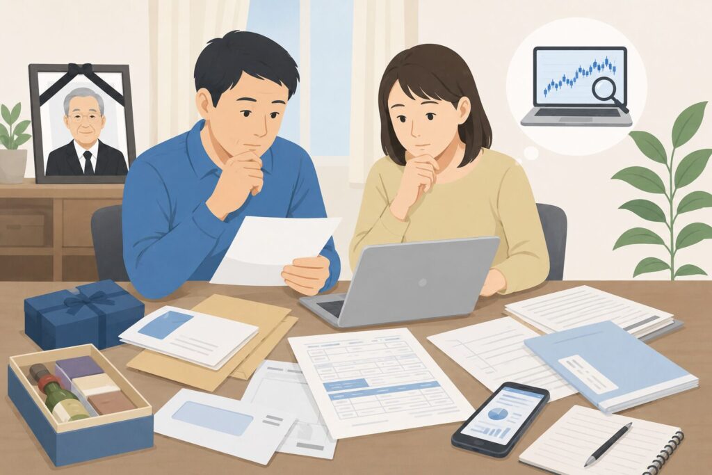 相続人が証券口座の情報を調査するため、郵便物や書類、スマートフォンやパソコンを確認している様子のイラスト