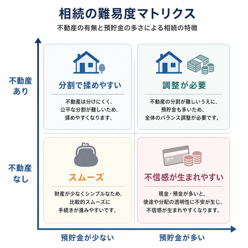 相続の難易度を不動産の有無と預貯金の多さで分類した2×2マトリクス図