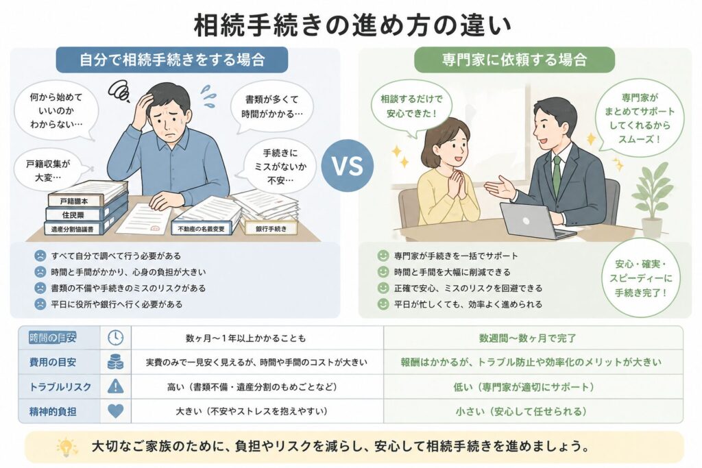 相続手続きを自分で行う場合と専門家に依頼する場合の違いを比較した図解。左は書類に囲まれて困っている人、右は専門家と相談してスムーズに進んでいる様子