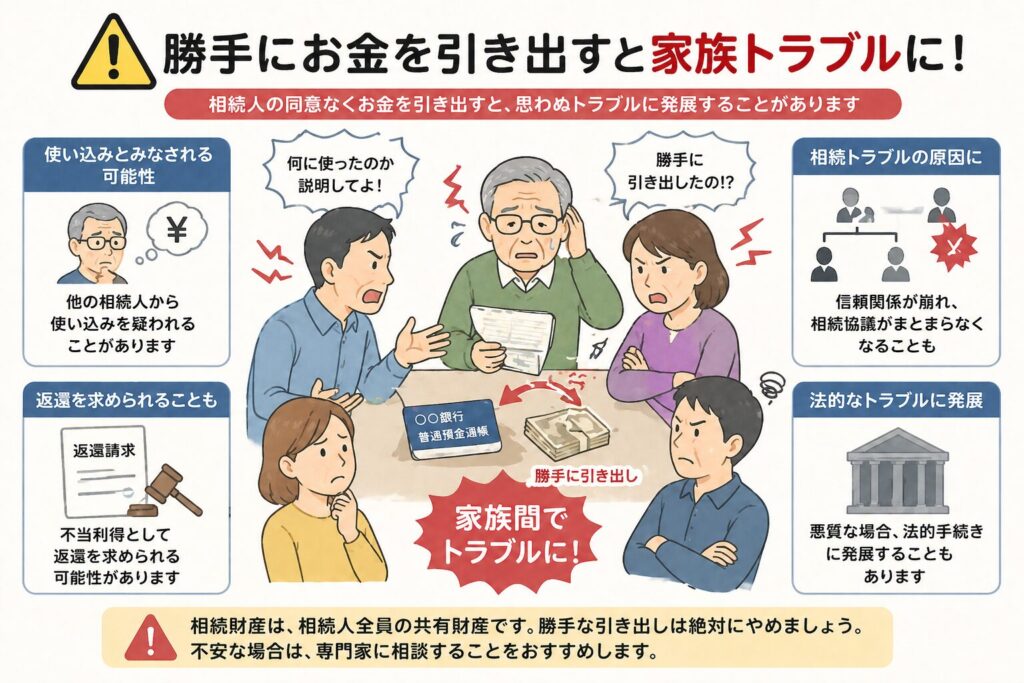 相続発生後に勝手にお金を引き出して家族間でトラブルになっている様子を示す図解。注意マークとともにリスクを説明したインフォグラフィック
