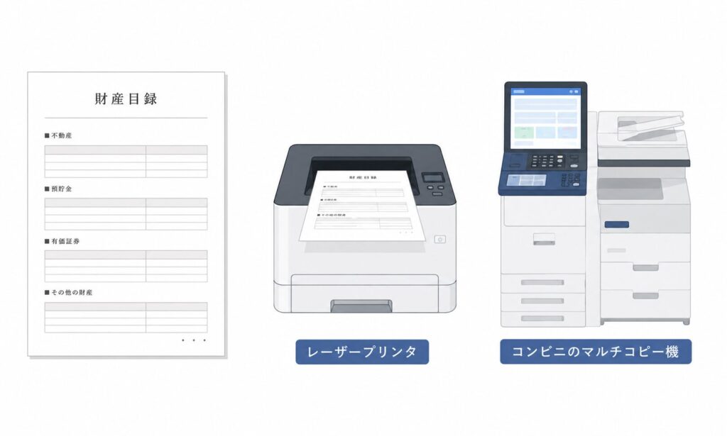 財産目録の書類、レーザープリンタ、コンビニのマルチコピー機が並んだ、財産目録印刷をイメージしたフラットイラスト。