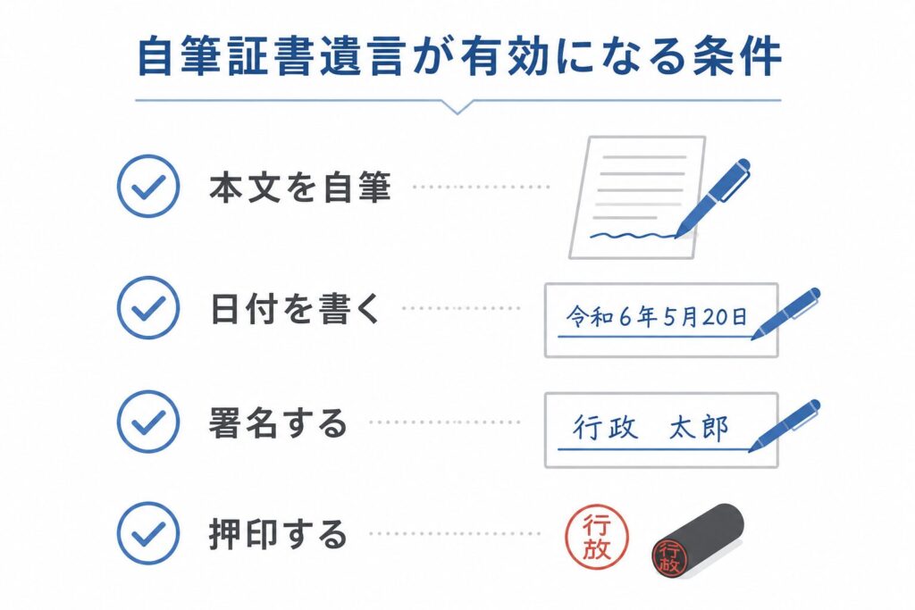 自筆証書遺言が有効になる条件を、チェックリスト形式で整理した図解イラスト。本文を自筆する、日付を書く、署名する、押印するという4つの要件を、チェックマークとイラスト付きでわかりやすく表示している。