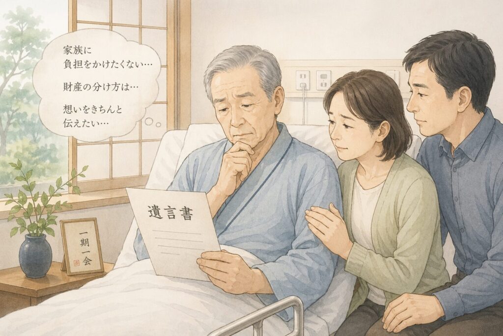 病院のベッドで遺言書を手に悩む高齢男性と、隣で寄り添い心配そうに見守る家族のイラスト