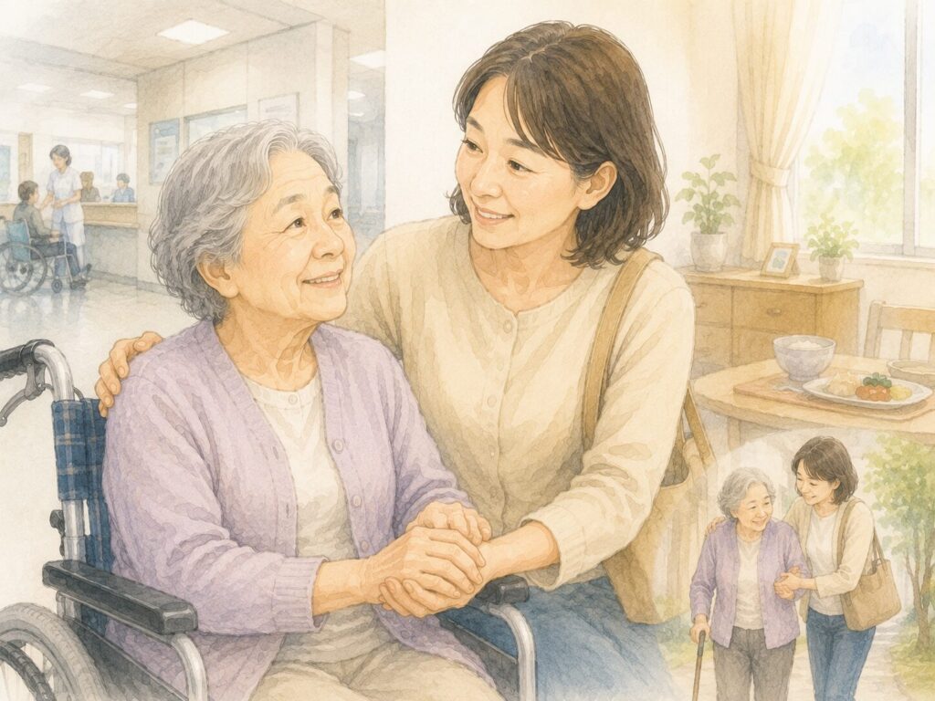高齢の母親を支える40代〜50代の日本人女性のイラスト。病院への付き添いや日常介護をイメージできる構図で、親子が優しい表情で向き合い、信頼関係が伝わる雰囲気になっている。
