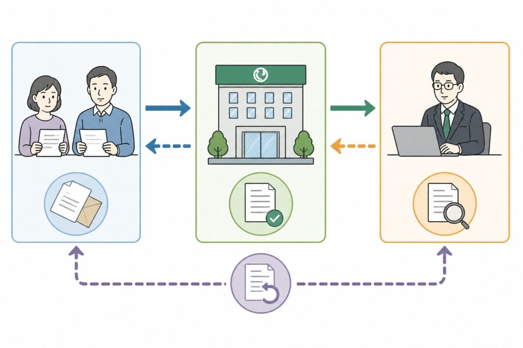 銀行の相続手続きの流れを示す図解。利用者が書類を提出し、支店を経由して相続オフィスで審査される流れと、不備による差し戻し・再提出のループ構造を表現している