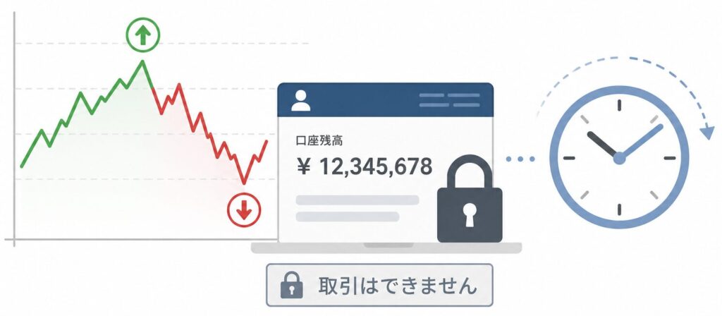 株価が変動している中で口座が凍結され、取引できない状況を示すイラスト