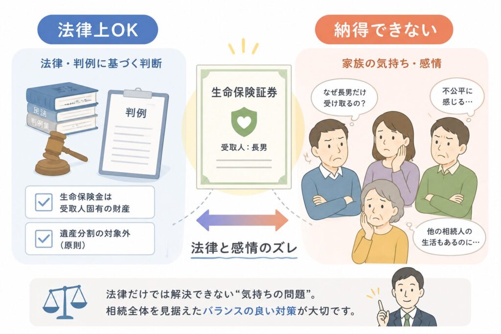 相続における法律と感情のズレを示した図解。生命保険を中心に、法律上の判断と家族の納得感の違いを表現