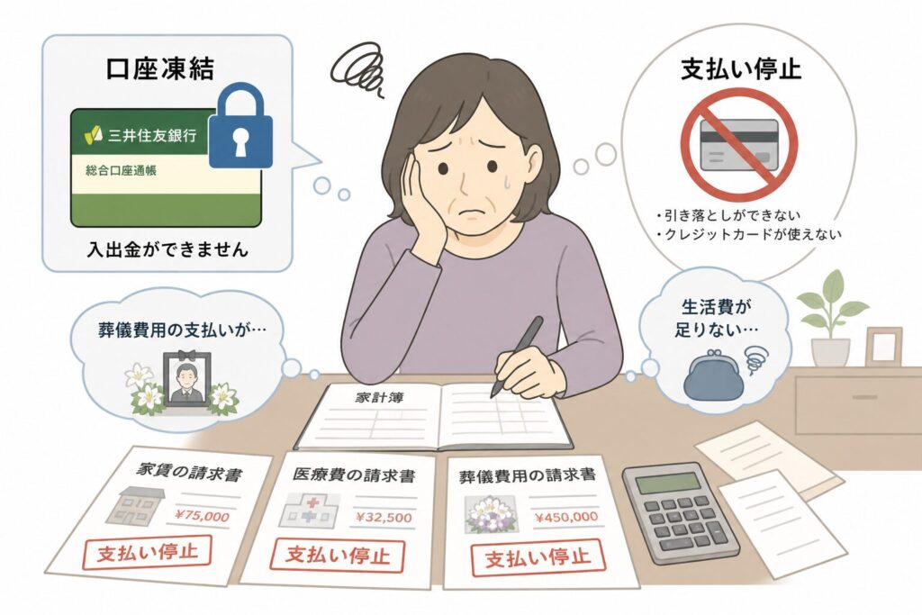 銀行口座の凍結により生活費や医療費、葬儀費用の支払いができず困っている日本人女性のイラスト。請求書に「支払い停止」と表示されている