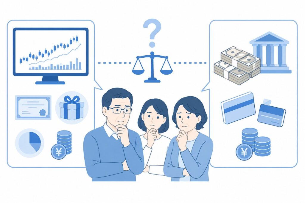 株式相続の分け方として、株式をそのまま保有する場合と売却して現金化する場合を比較し、相続人が検討している様子を示した図