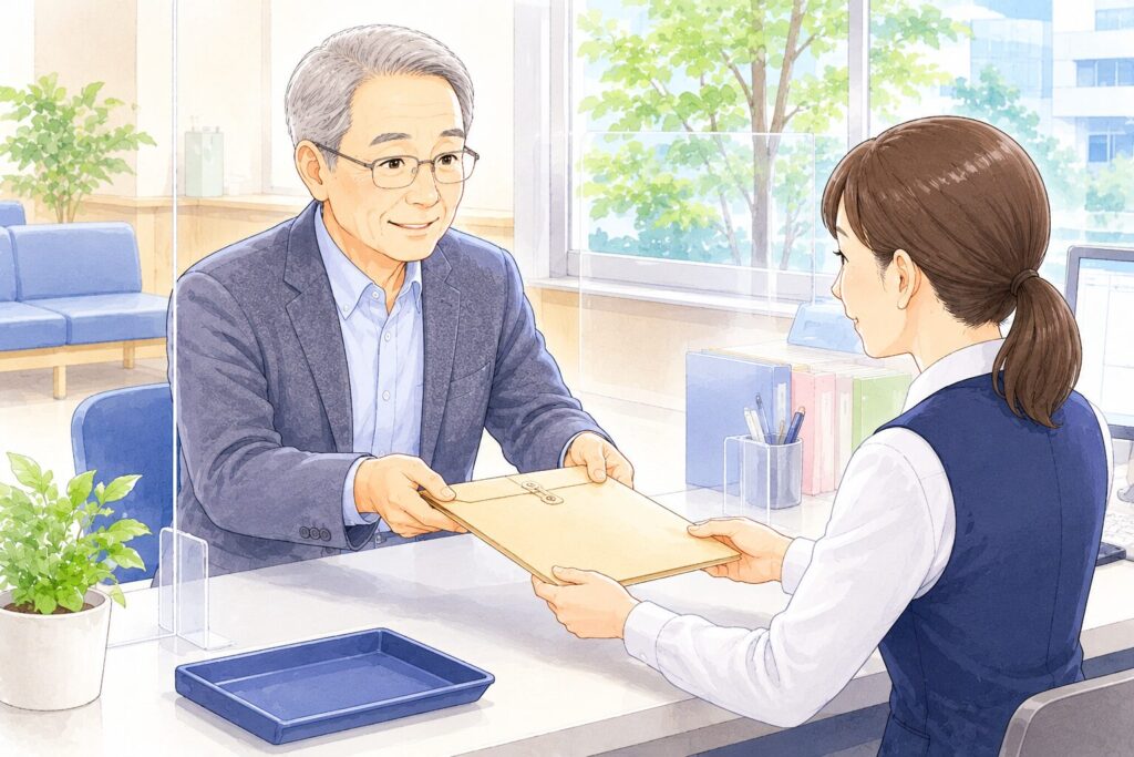 法務局をイメージした窓口で、高齢男性が自筆証書遺言の書類を提出しているイラスト。受付担当者へ整った書類を渡しており、安心感のある行政手続きの雰囲気が描かれている。