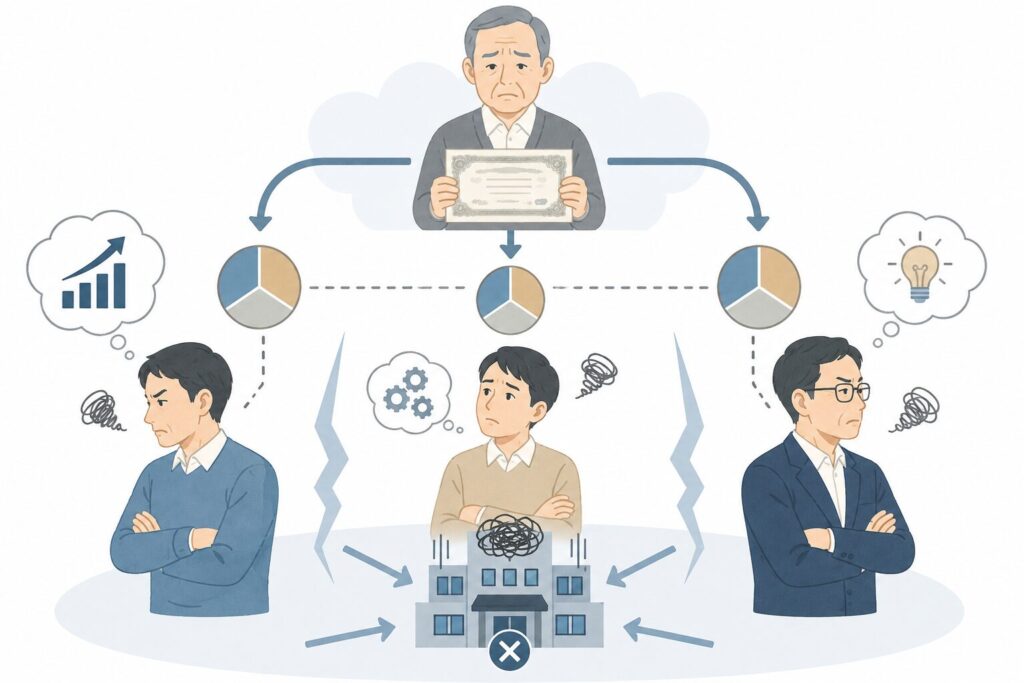 有限会社の株式が兄弟に分散相続され、経営権が分散して意思決定が難しくなる様子を示した図解