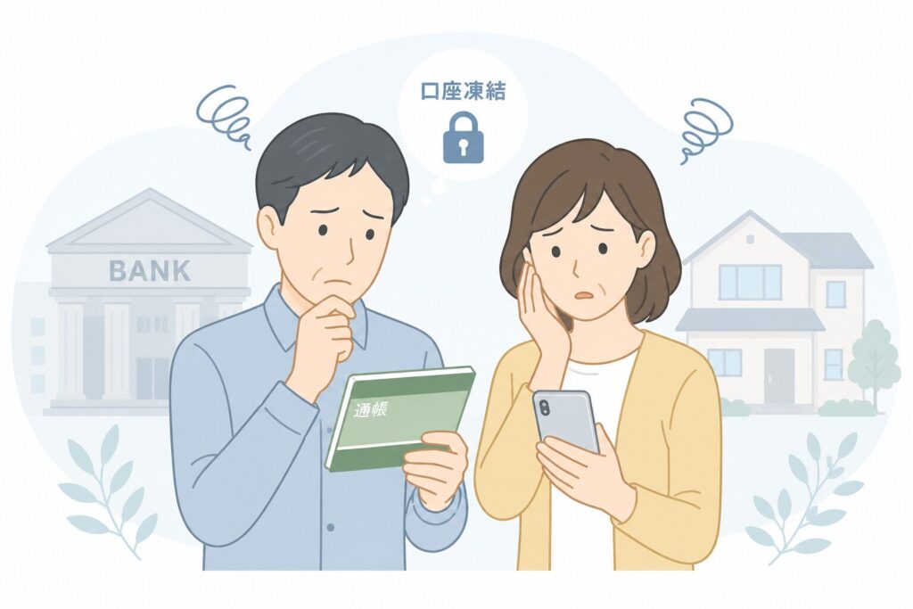 相続により銀行口座が凍結され、通帳とスマートフォンを見て困っている日本人夫婦のイラスト