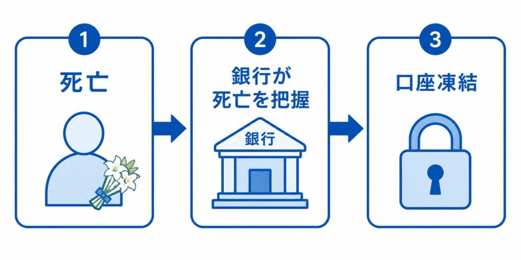 死亡後、銀行が事実を把握してから口座凍結されるまでの流れを示した3ステップの図解(死亡→銀行が死亡を把握→口座凍結)
