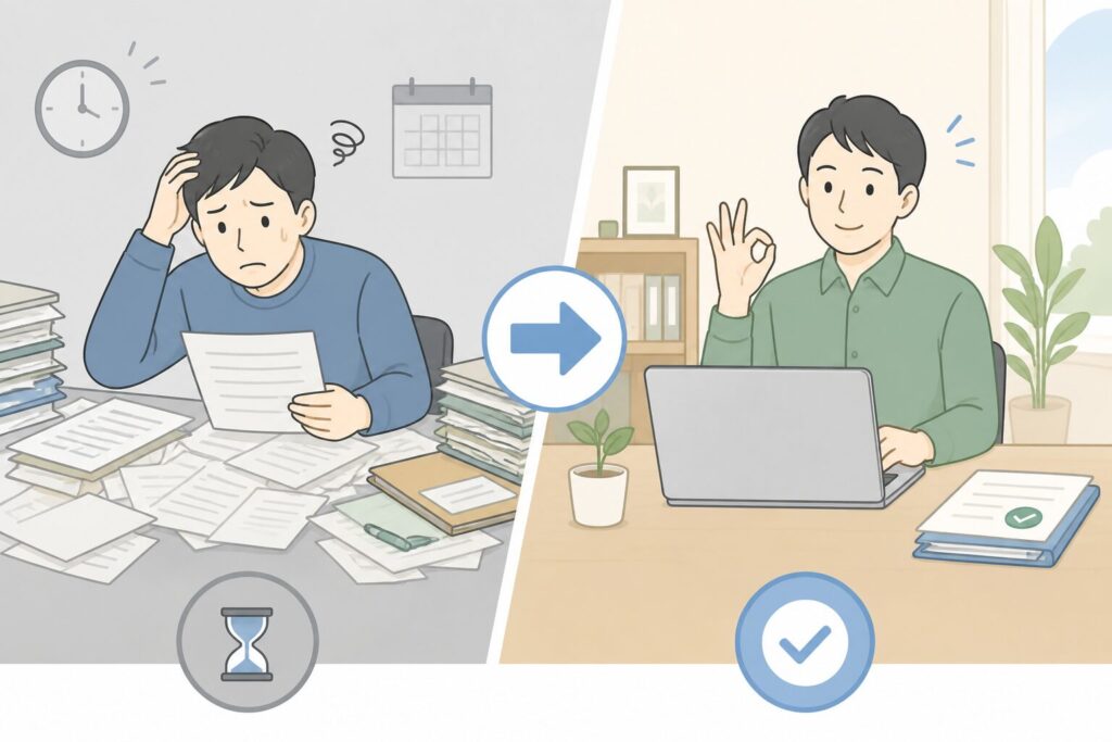 相続手続きを自分で進めて書類に囲まれて困っている人物と、スムーズに手続きを進めて安心している人物を対比したイラスト