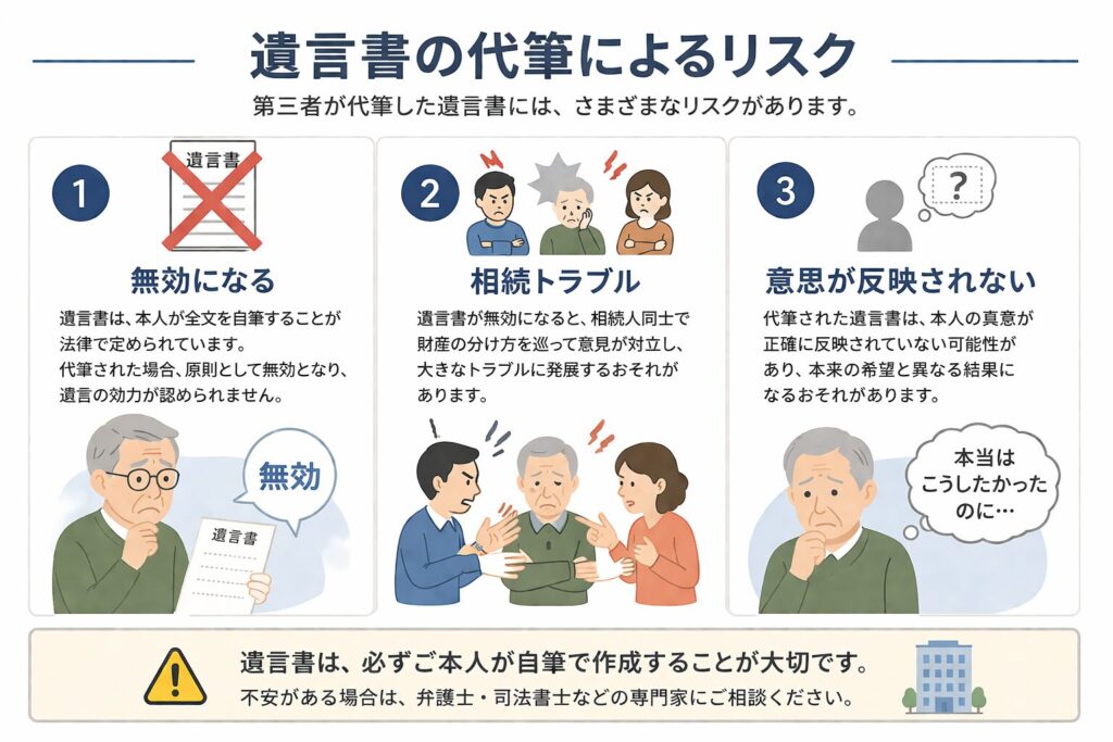 遺言書の代筆によるリスクを示す図解。無効になる、相続トラブル、意思が反映されないの3つの問題をアイコン付きで説明したインフォグラフィック
