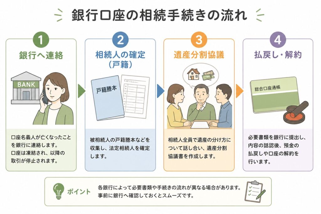 銀行口座の相続手続きの流れを4ステップで示したフローチャート