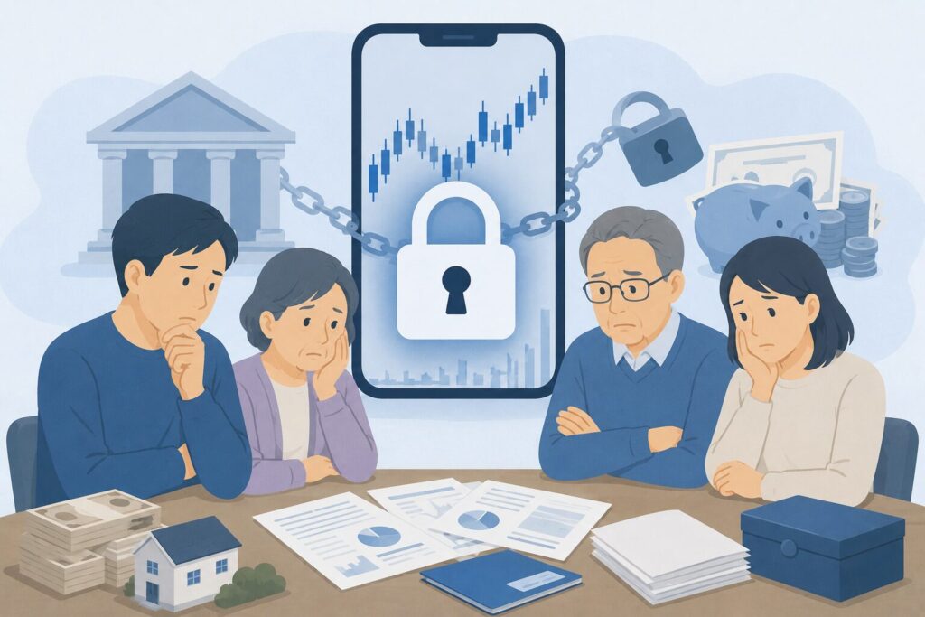 証券口座が凍結され、スマートフォンの株価画面にロックが表示される中、家族が困っている様子のイラスト