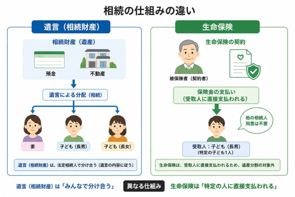 相続における遺言と生命保険の違いを示す図解。左は相続財産(預金・不動産)が妻と子ども2人に分配される流れ、右は生命保険が特定の子ども1人に直接支払われる構造を比較している