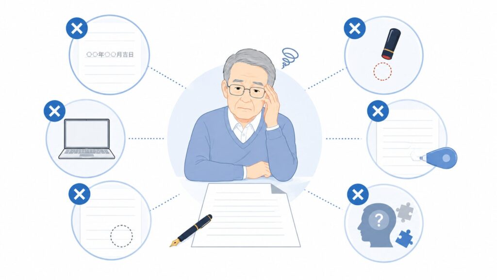 遺言が無効になる代表的なケースをまとめたインフォグラフィック。困った表情の高齢男性と遺言書を中心に、日付ミス、署名漏れ、押印漏れ、修正ミス、パソコン作成、認知症による遺言能力問題を示すNGアイコンが配置されている。