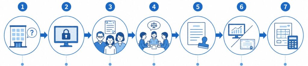 株式相続の手続きを時系列で示したフロー図。証券会社への連絡、証券口座の凍結、相続人の確認、遺産分割協議、名義変更、売却または保有の選択、相続税の申告・納付までを矢印で順に整理しているインフォグラフィック。