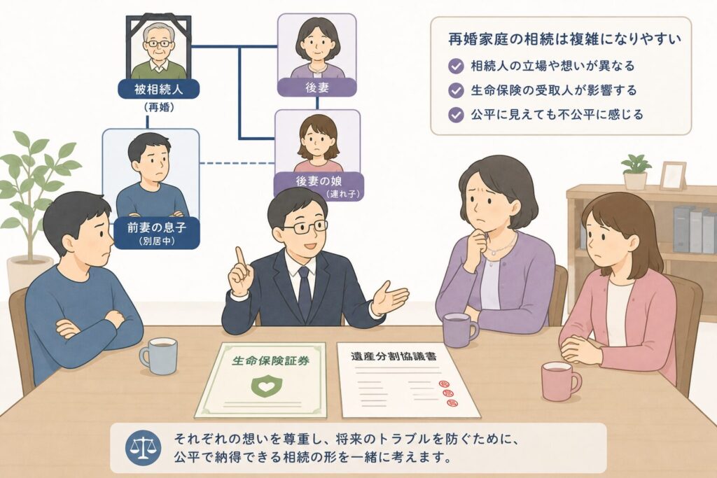 再婚家庭の相続で、後妻とその娘、前妻の息子が遺産分割を話し合う様子と行政書士の説明イメージ