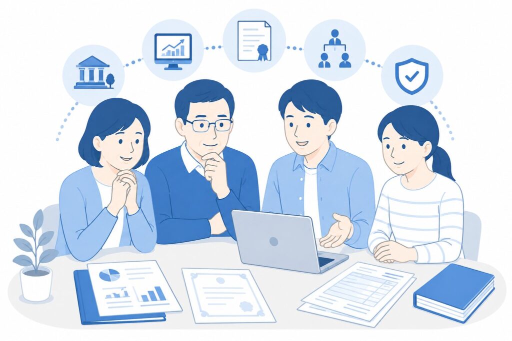 株式相続の手続きを整理し、証券書類や戸籍書類を確認しながら落ち着いて話し合っている家族の様子