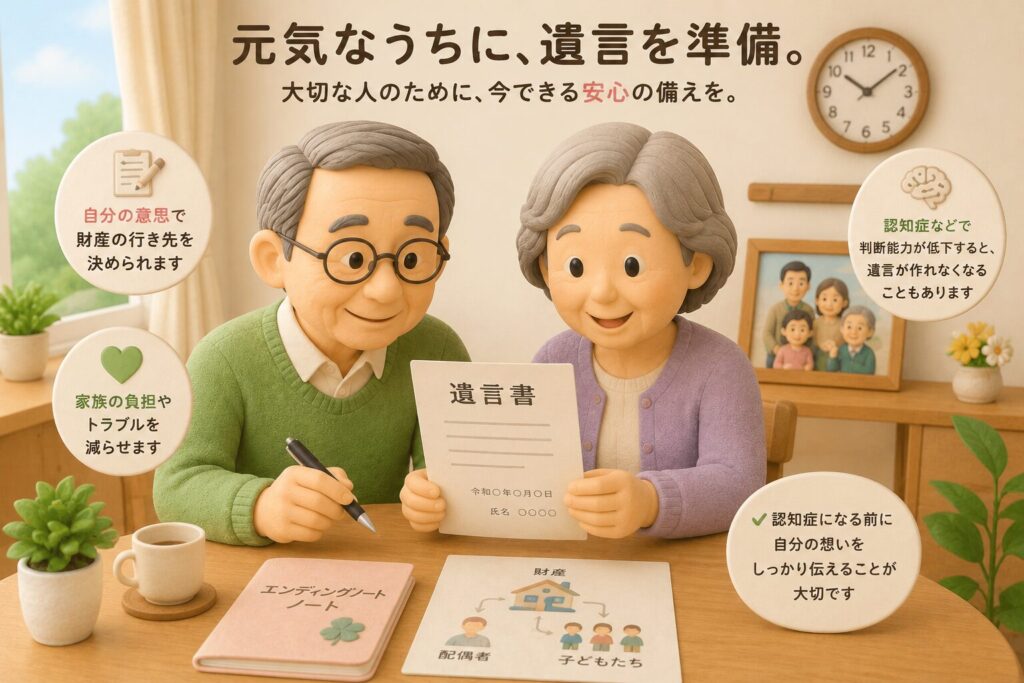 元気なうちに遺言書を準備している日本人高齢夫婦の3Dクレイ風イラスト。夫婦が安心した表情で遺言書や終活ノートを確認している。背景には時計や家族写真があり、認知症リスクへの備えや生前準備の大切さを表現している。
