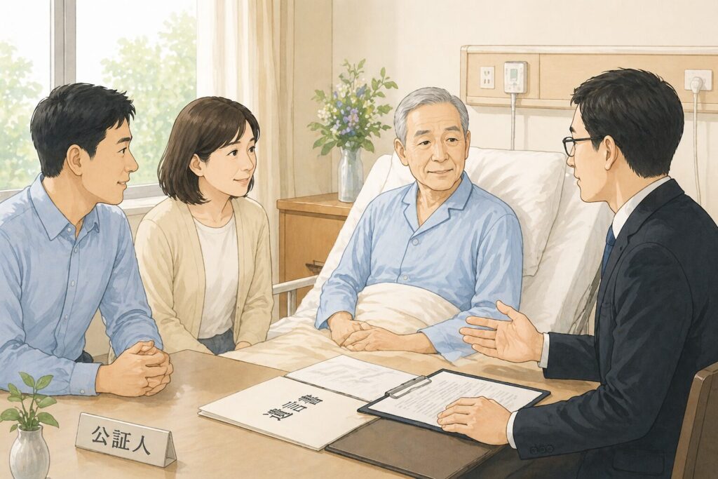 病院の病室で、公証人と高齢の遺言者が遺言書について話し合い、家族も同席して見守っている様子のイラスト