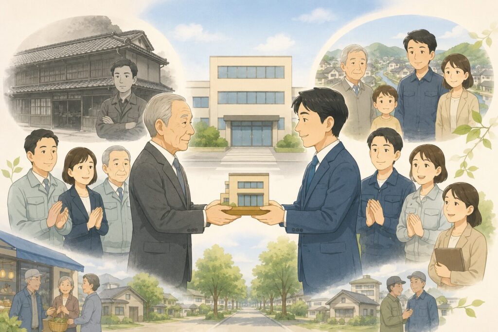 長年続く有限会社が創業者から後継者へ承継され、社員や地域とともに次世代へつながっていく様子を描いたイラスト