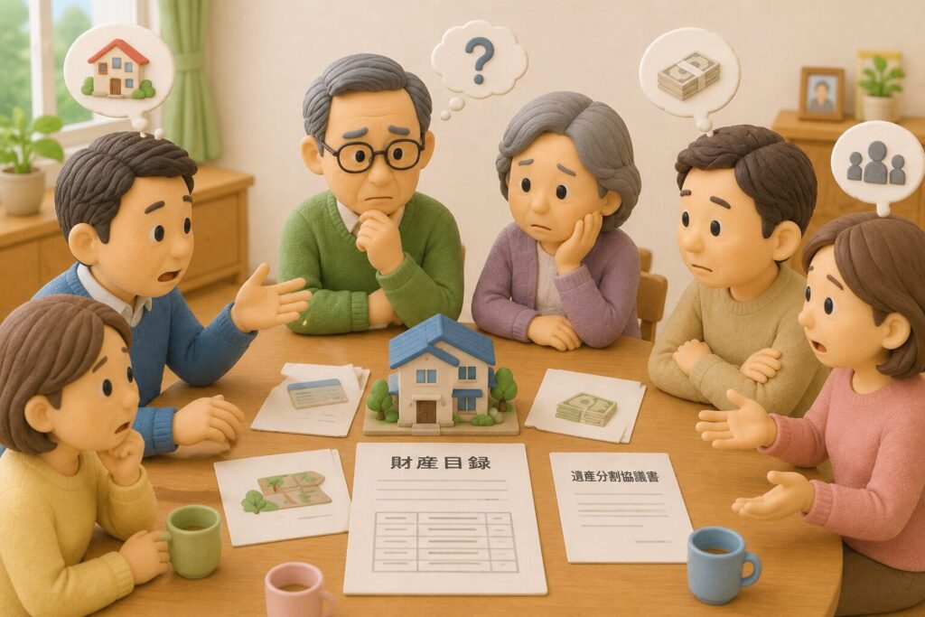 相続の話し合いで悩んでいる日本人家族を描いた3Dクレイ風イラスト。兄弟や親族がテーブルを囲み、家や財産に関する書類を見ながら意見が分かれて困っている様子。中央には家の模型や遺産分割協議書が置かれている。